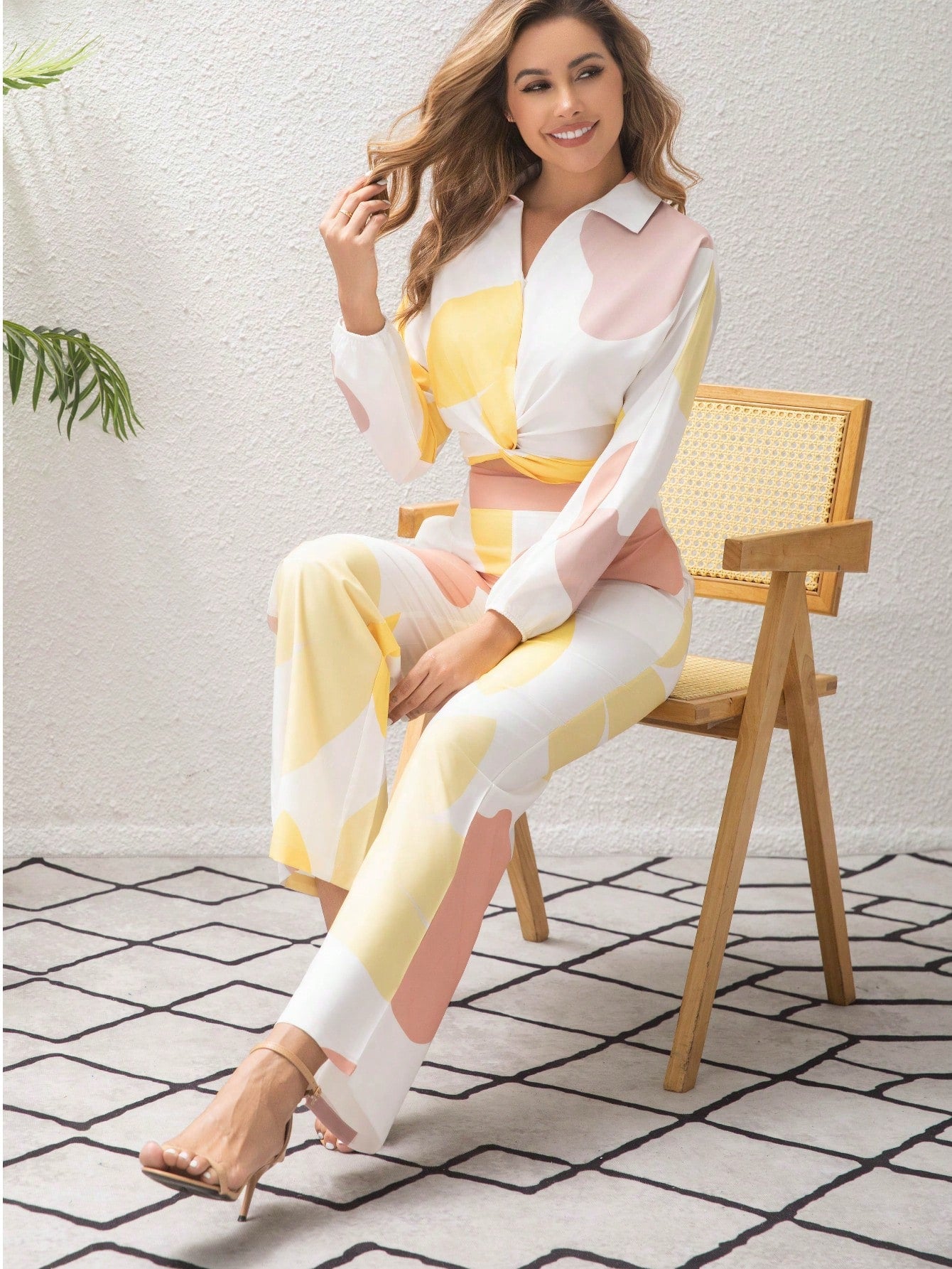2pcs Set Elegant Casual Polo Collar Twist Top And Bottom Outfit shein