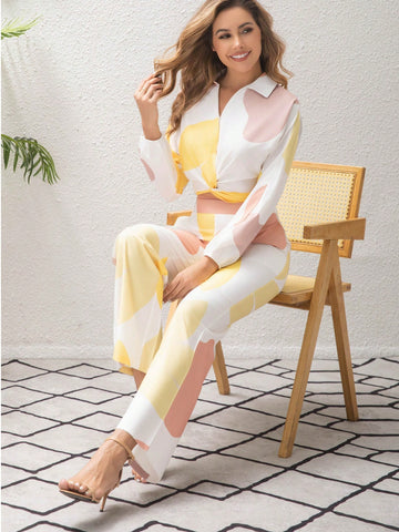 2pcs Set Elegant Casual Polo Collar Twist Top And Bottom Outfit
