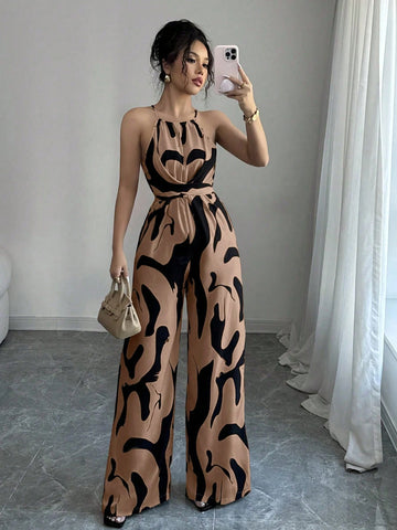 Elenzga Women's Print Fabric Ruched Jumpsuit With Halter Neck