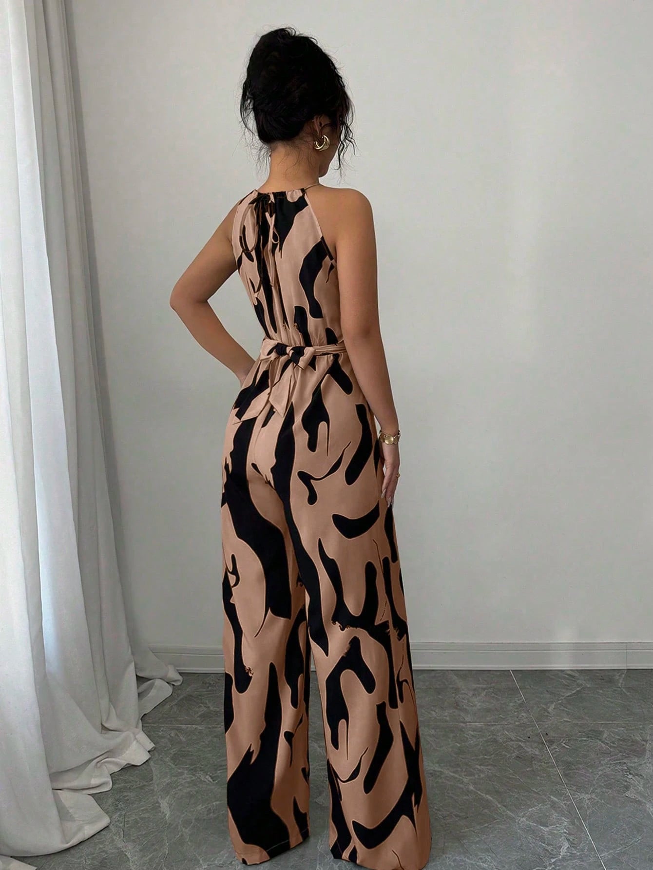 Elenzga Women's Print Fabric Ruched Jumpsuit With Halter Neck