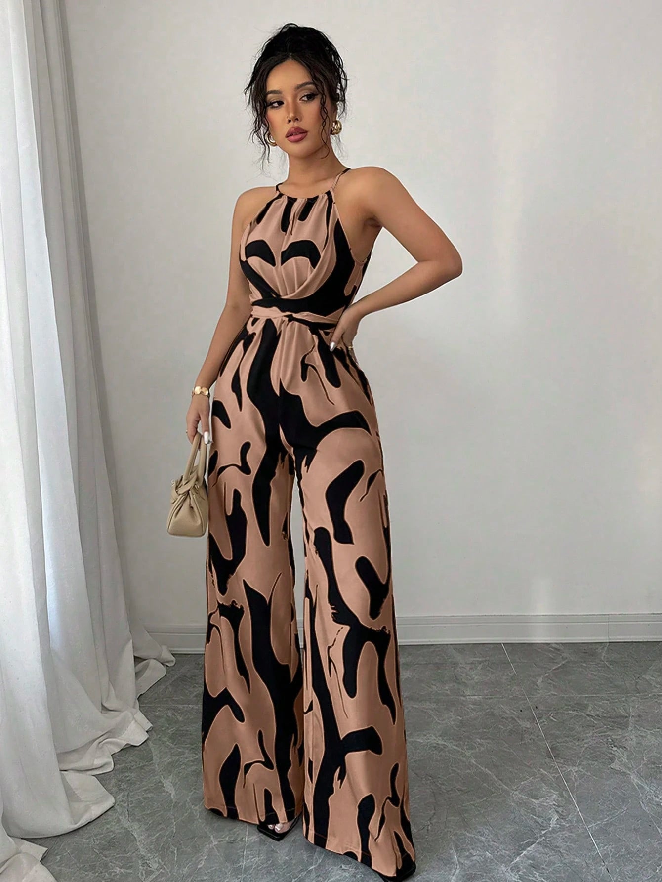 Elenzga Women's Print Fabric Ruched Jumpsuit With Halter Neck