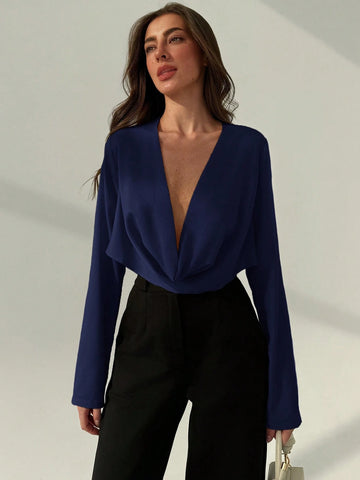 Aloruh Office Wear Deep Draped Neck Sexy Slim Fit Long Sleeve Blouse