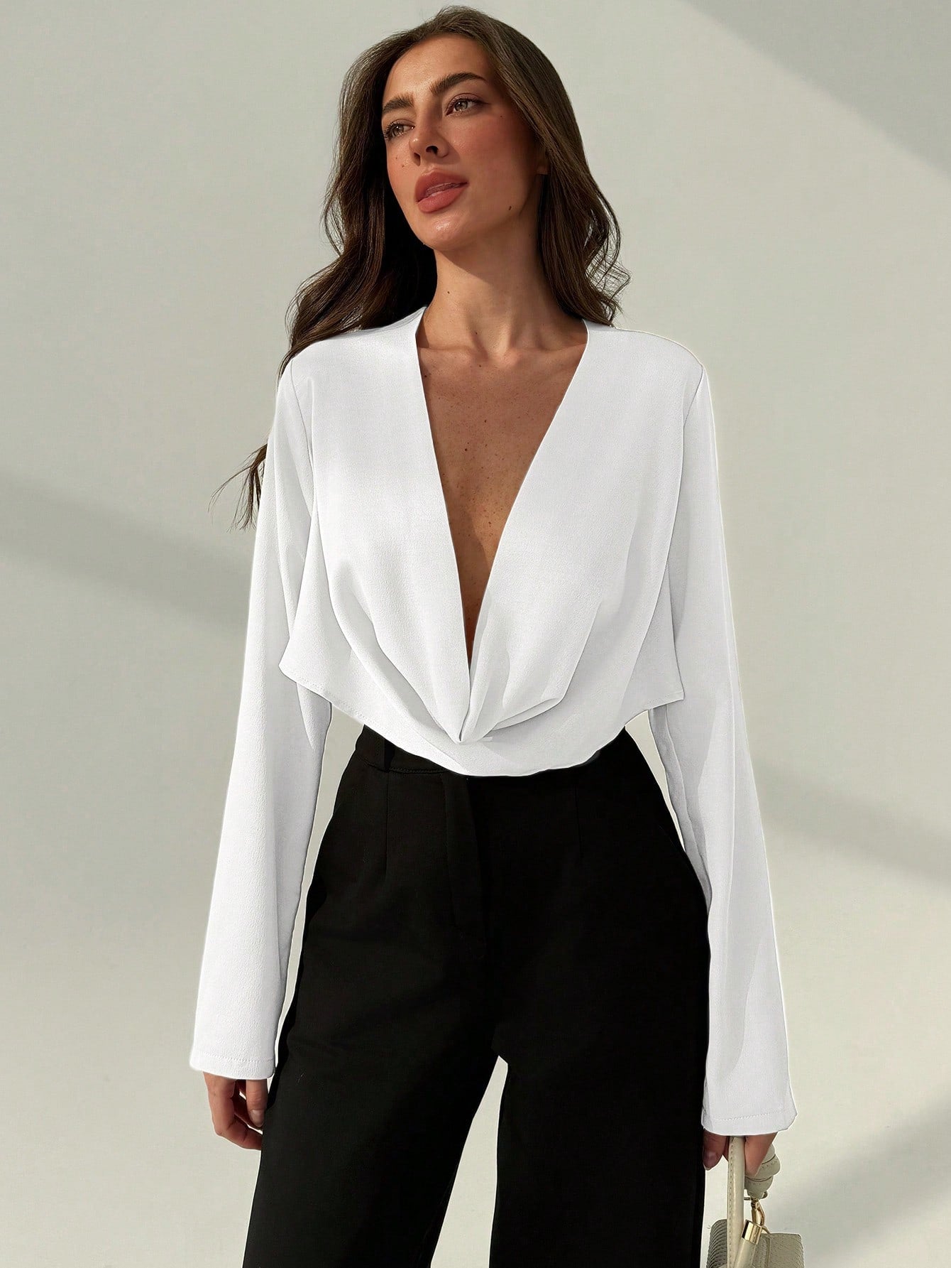 Aloruh Office Wear Deep Draped Neck Sexy Slim Fit Long Sleeve Blouse shein