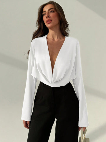Aloruh Office Wear Deep Draped Neck Sexy Slim Fit Long Sleeve Blouse