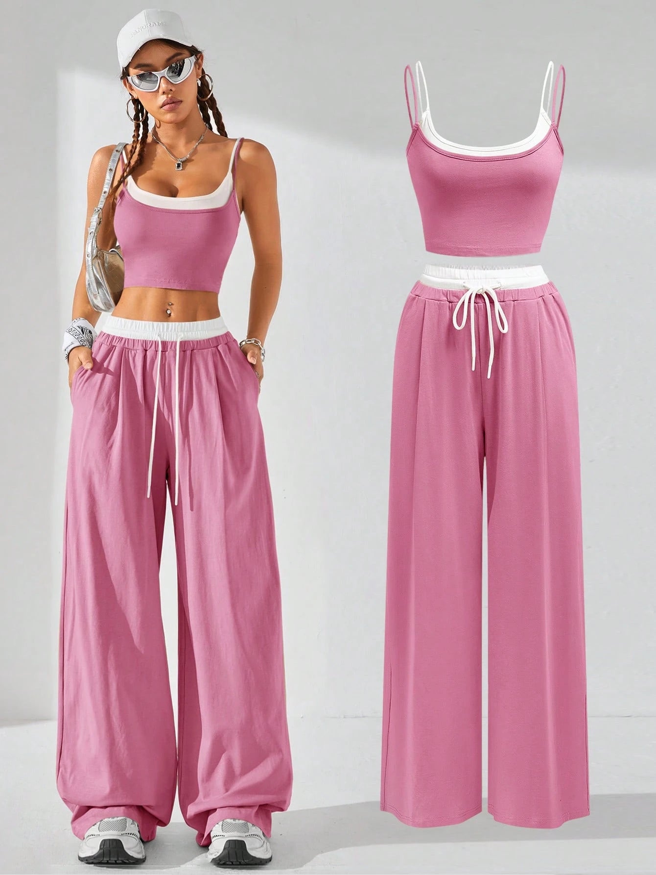 Coolane Women's Summer Casual Sport Knit Two Fake Pieces Tank Tops & Sweatpants