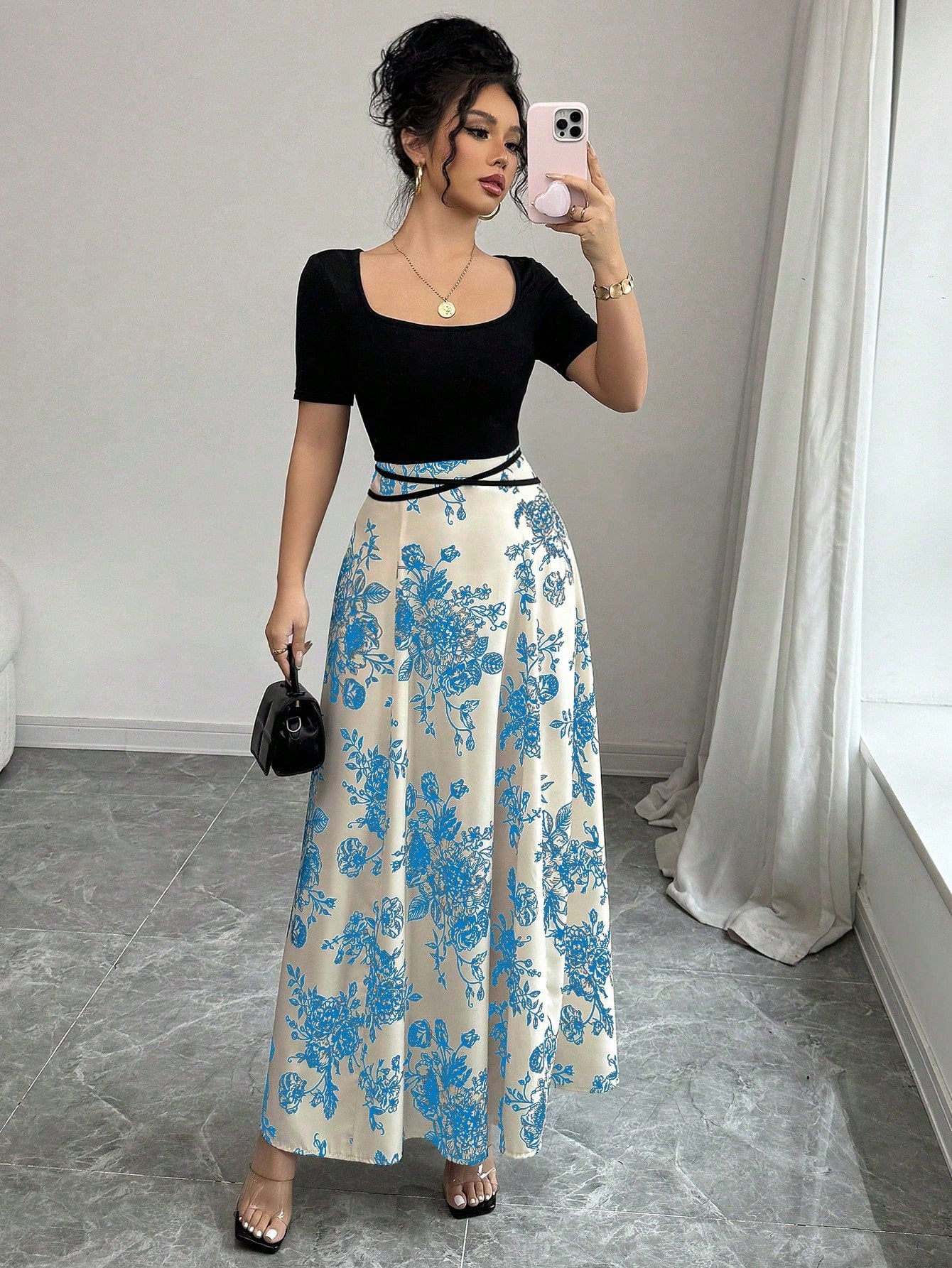 Raffinéa Women Elegant Slim Fit Square Neck Short Sleeve Waist Tie Splicing Chinese Style Printed Dress shein
