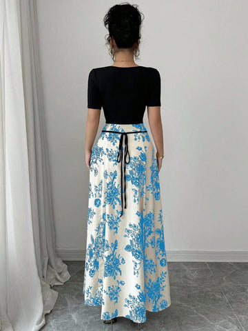Raffinéa Women Elegant Slim Fit Square Neck Short Sleeve Waist Tie Splicing Chinese Style Printed Dress