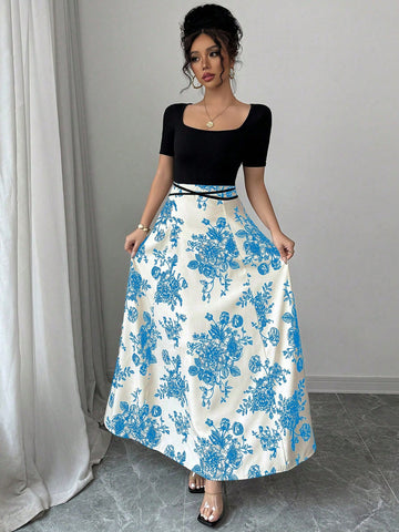 Raffinéa Women Elegant Slim Fit Square Neck Short Sleeve Waist Tie Splicing Chinese Style Printed Dress
