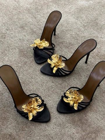 New Rhinestone Metallic Flower Open Toe Strap Buckle SandalsS
