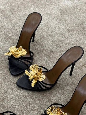 New Rhinestone Metallic Flower Open Toe Strap Buckle SandalsS