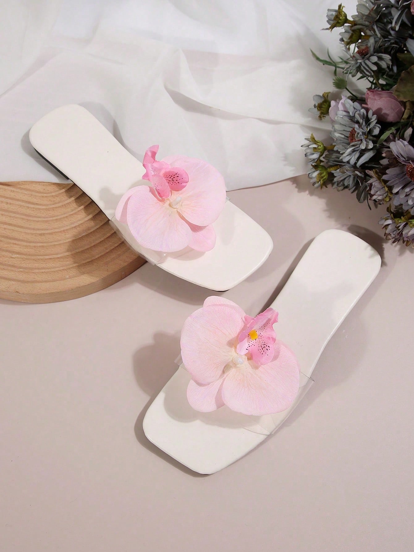 French Style Floral Strap Flat Slide Sandals shein