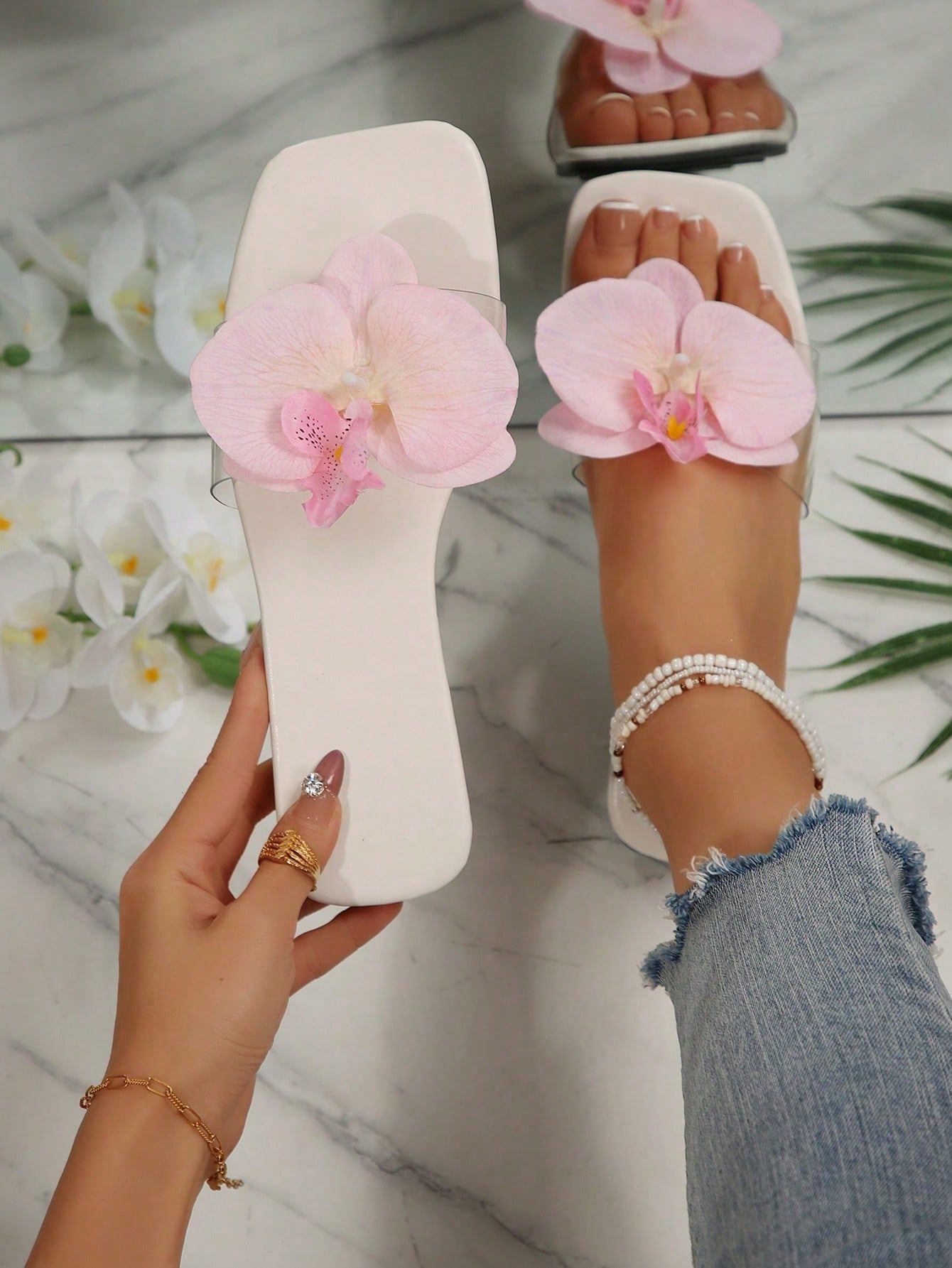 French Style Floral Strap Flat Slide Sandals shein