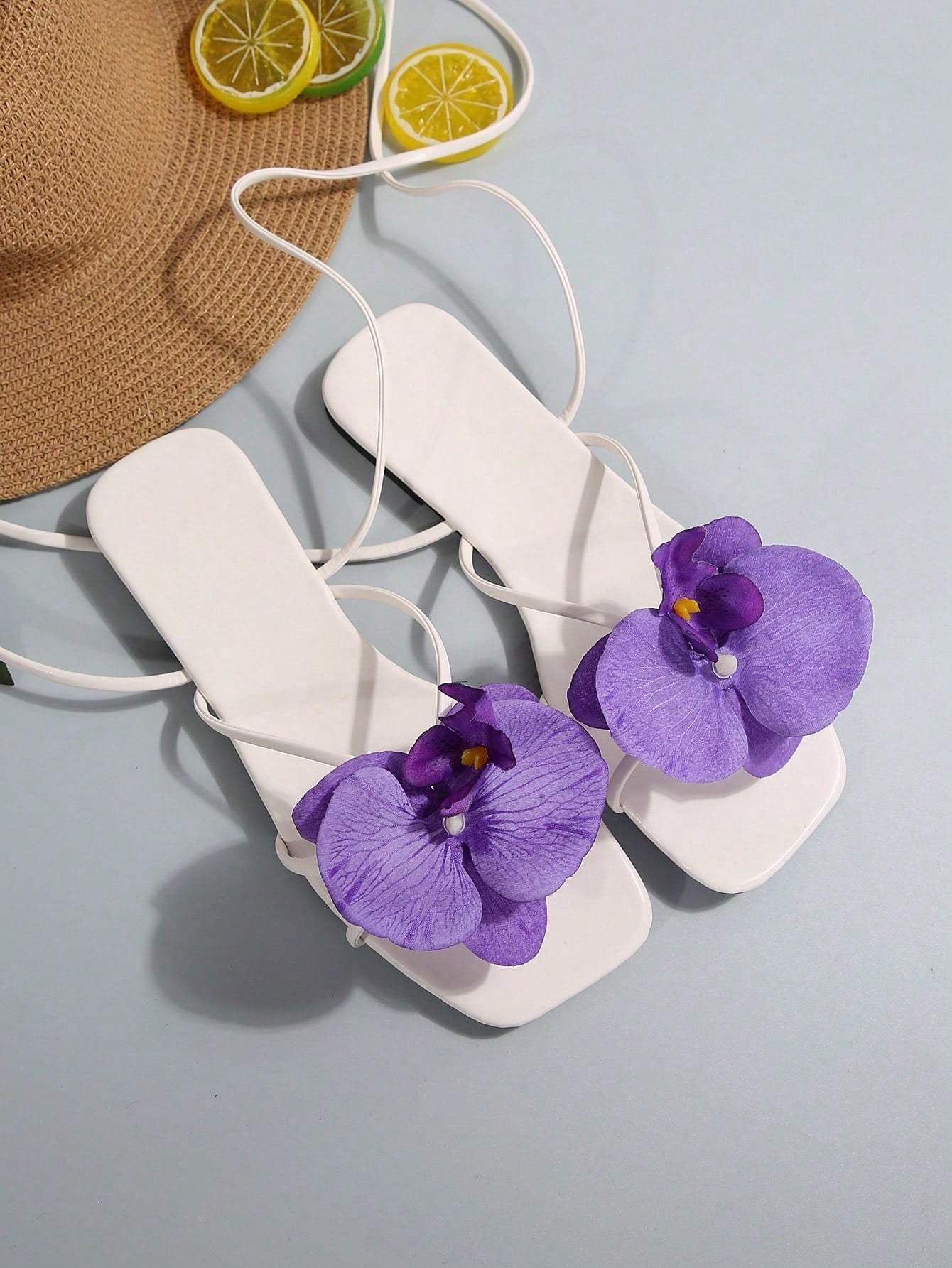 French Flower Strap Flat Slippers shein
