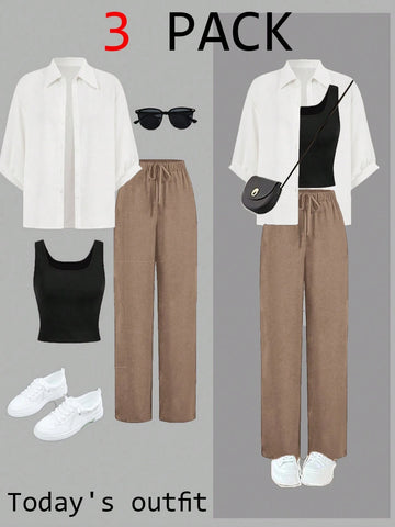 Luneh Square Neck Fitted Crop Top With Elastic Waist Bowknot Belt And Wide-Leg Pants + Vintage Leopard Print Button-Up Shirt