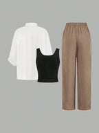 Luneh Square Neck Fitted Crop Top With Elastic Waist Bowknot Belt And Wide-Leg Pants + Vintage Leopard Print Button-Up Shirt shein