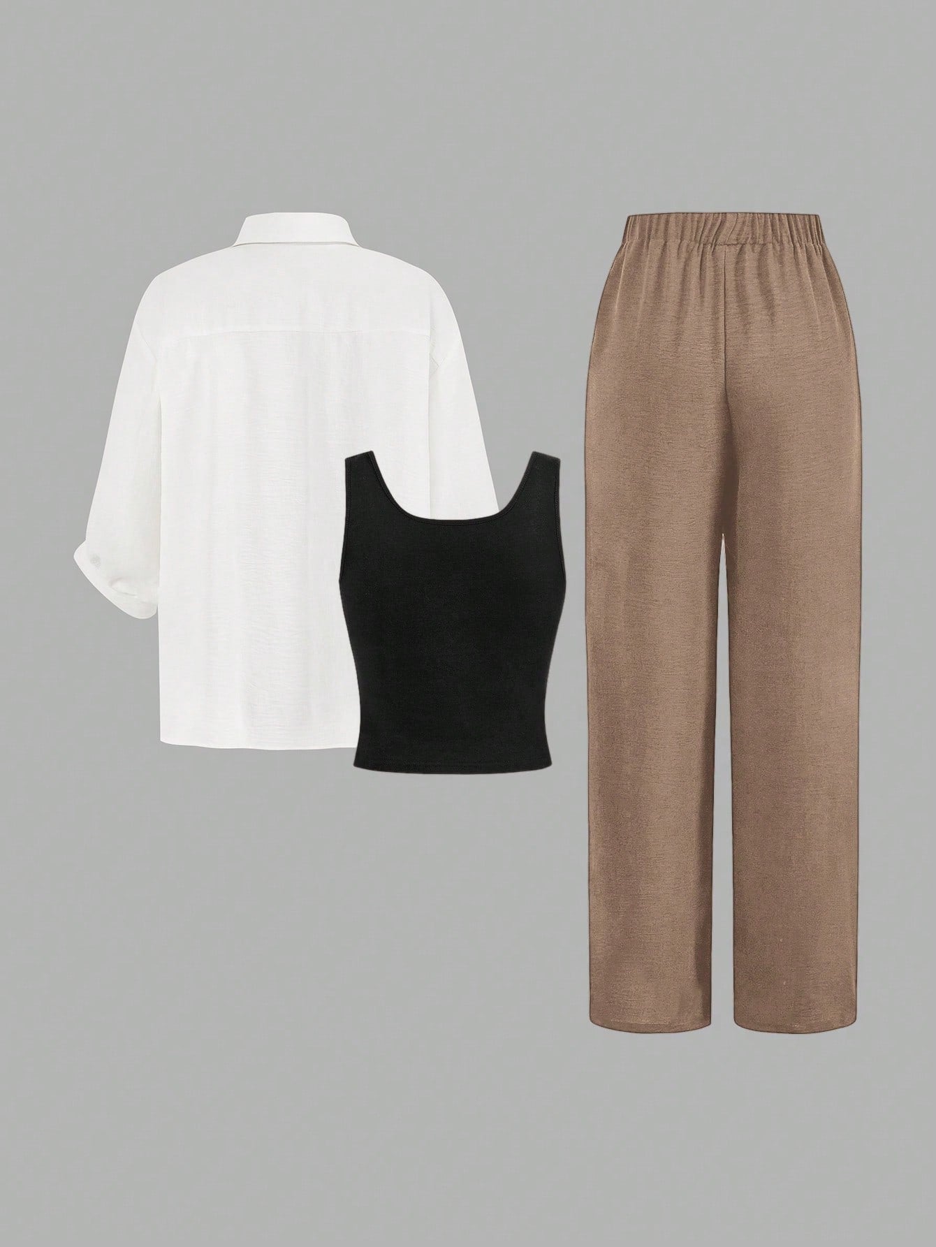 Luneh Square Neck Fitted Crop Top With Elastic Waist Bowknot Belt And Wide-Leg Pants + Vintage Leopard Print Button-Up Shirt shein