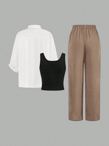 Luneh Square Neck Fitted Crop Top With Elastic Waist Bowknot Belt And Wide-Leg Pants + Vintage Leopard Print Button-Up Shirt