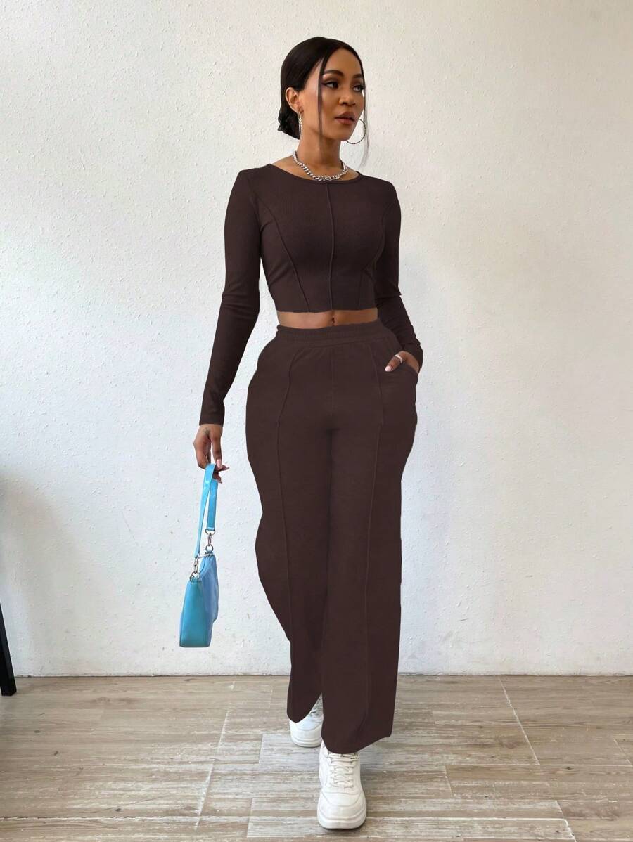 Solid Color Round Neck Top With Exposed Stitching And Waist Belt & Pocket Detail Pants shein