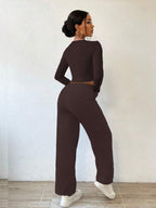 Solid Color Round Neck Top With Exposed Stitching And Waist Belt & Pocket Detail Pants shein