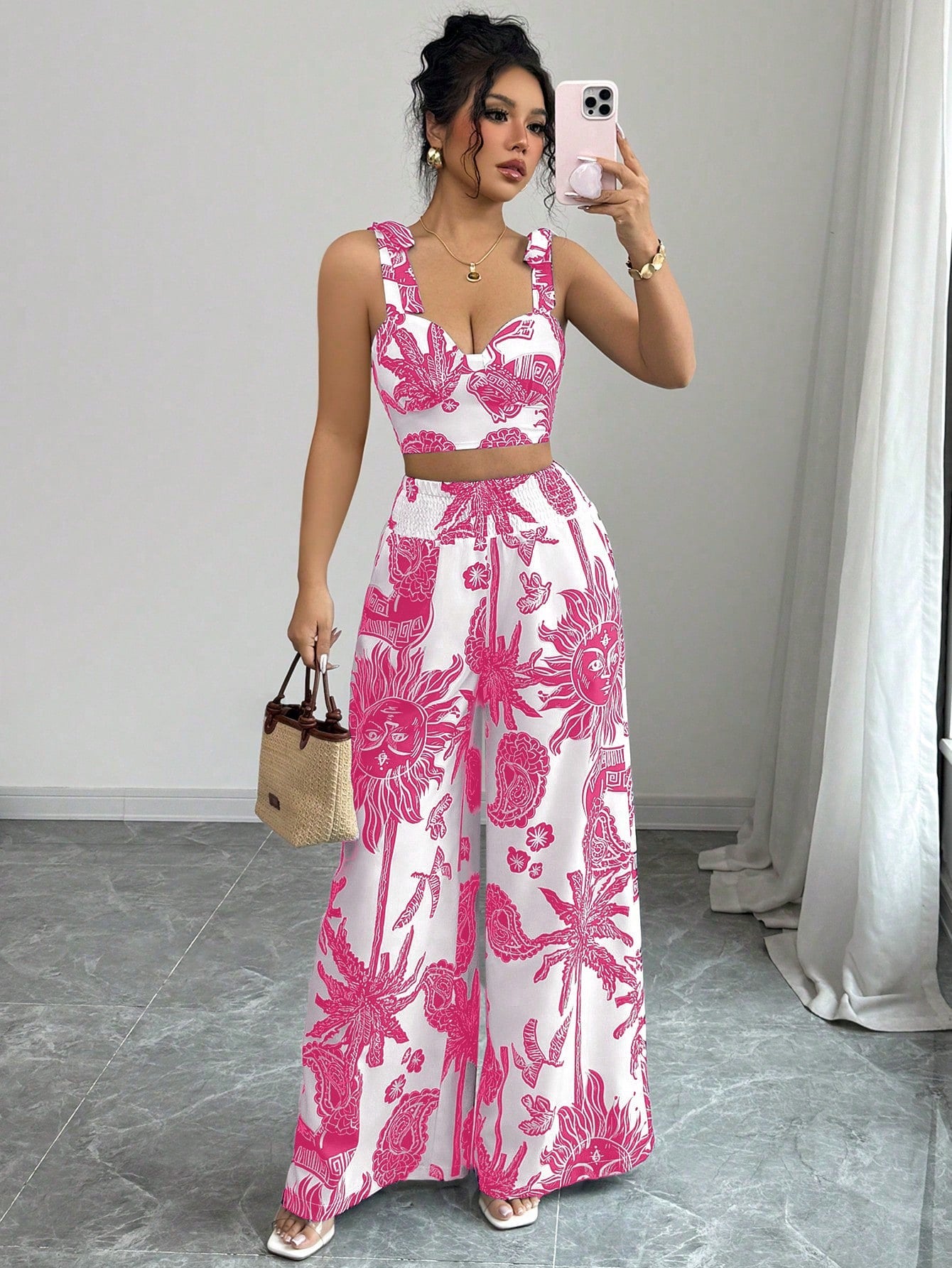 Bohemian Style Bib Strap Crop Top With Tie Waist Straight Leg Pants shein