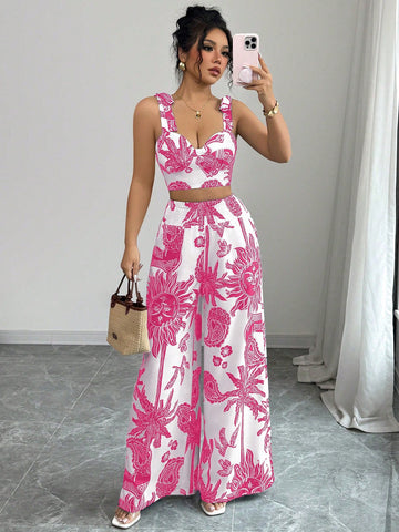 Bohemian Style Bib Strap Crop Top With Tie Waist Straight Leg Pants