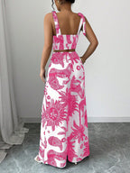 Bohemian Style Bib Strap Crop Top With Tie Waist Straight Leg Pants shein