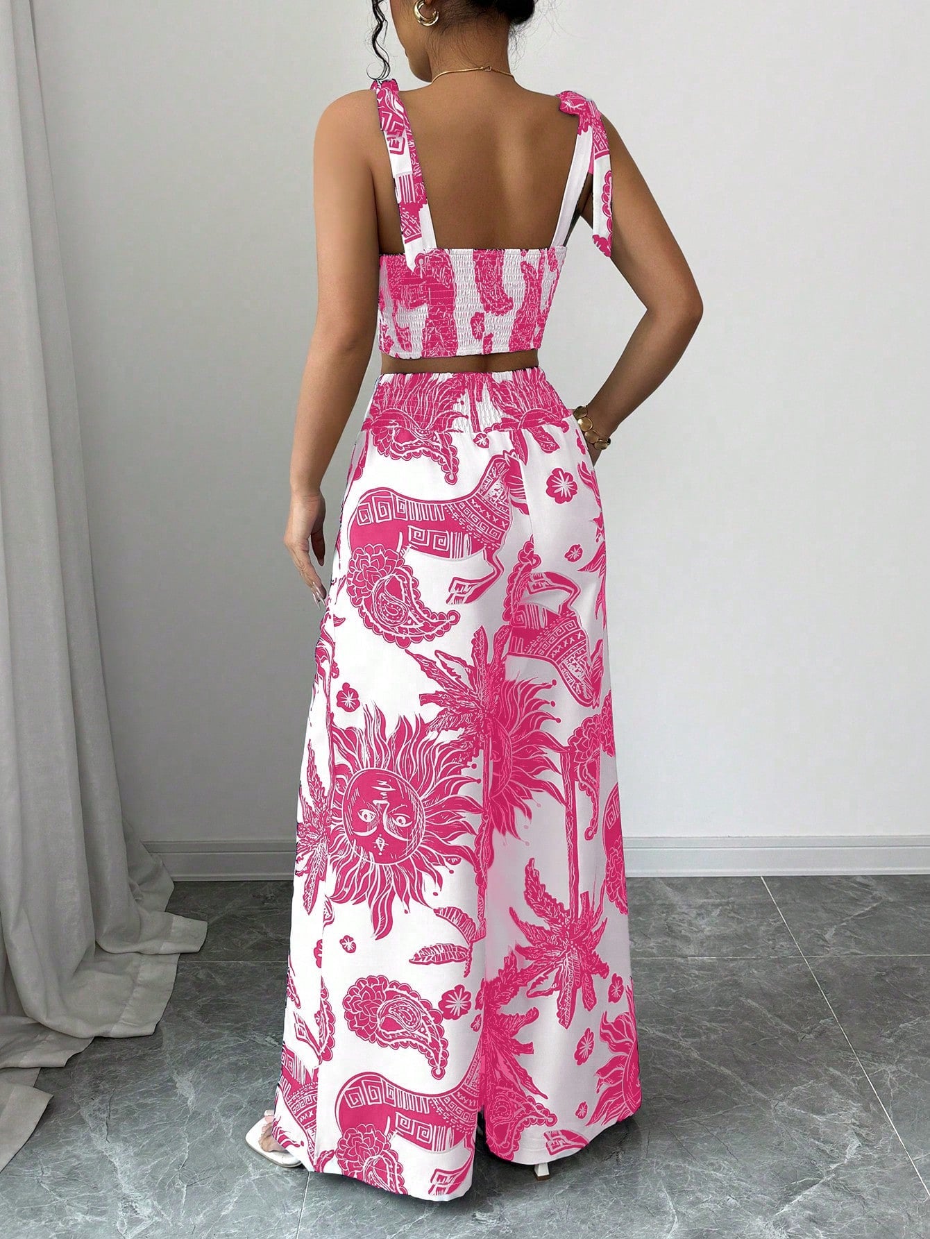 Bohemian Style Bib Strap Crop Top With Tie Waist Straight Leg Pants shein