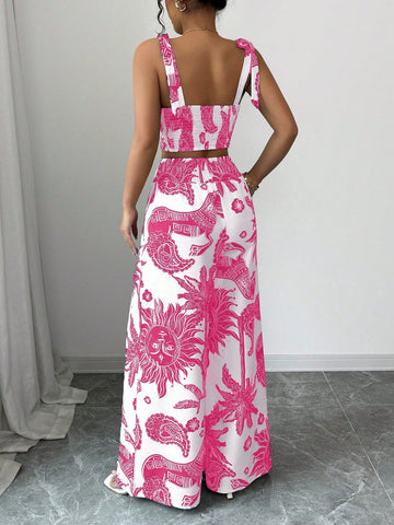 Bohemian Style Bib Strap Crop Top With Tie Waist Straight Leg Pants