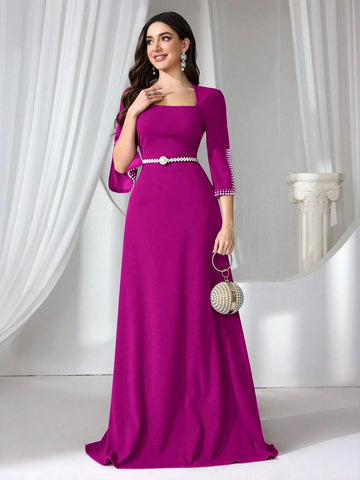 Women's Formal Evening Gown, Wedding Guest Dress Bodycon Beaded Knit Red Elegant Dress