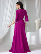 Women's Formal Evening Gown, Wedding Guest Dress Bodycon Beaded Knit Red Elegant Dress shein