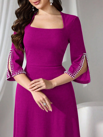 Women's Formal Evening Gown, Wedding Guest Dress Bodycon Beaded Knit Red Elegant Dress