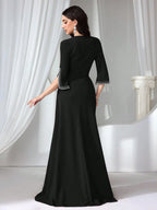 Women's Formal Evening Gown, Wedding Guest Dress Bodycon Beaded Knit Red Elegant Dress shein