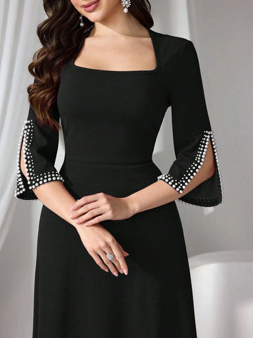 Women's Formal Evening Gown, Wedding Guest Dress Bodycon Beaded Knit Red Elegant Dress