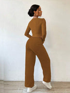 Solid Color Round Neck Top With Exposed Stitching And Waist Belt & Pocket Detail Pants shein