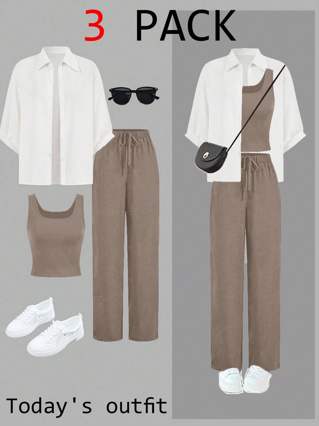 Luneh Square Neck Fitted Crop Top With Elastic Waist Bowknot Belt And Wide-Leg Pants + Vintage Leopard Print Button-Up Shirt shein