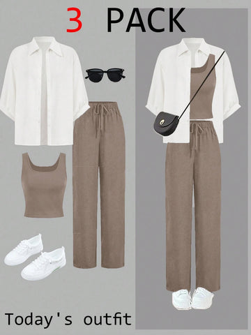 Luneh Square Neck Fitted Crop Top With Elastic Waist Bowknot Belt And Wide-Leg Pants + Vintage Leopard Print Button-Up Shirt