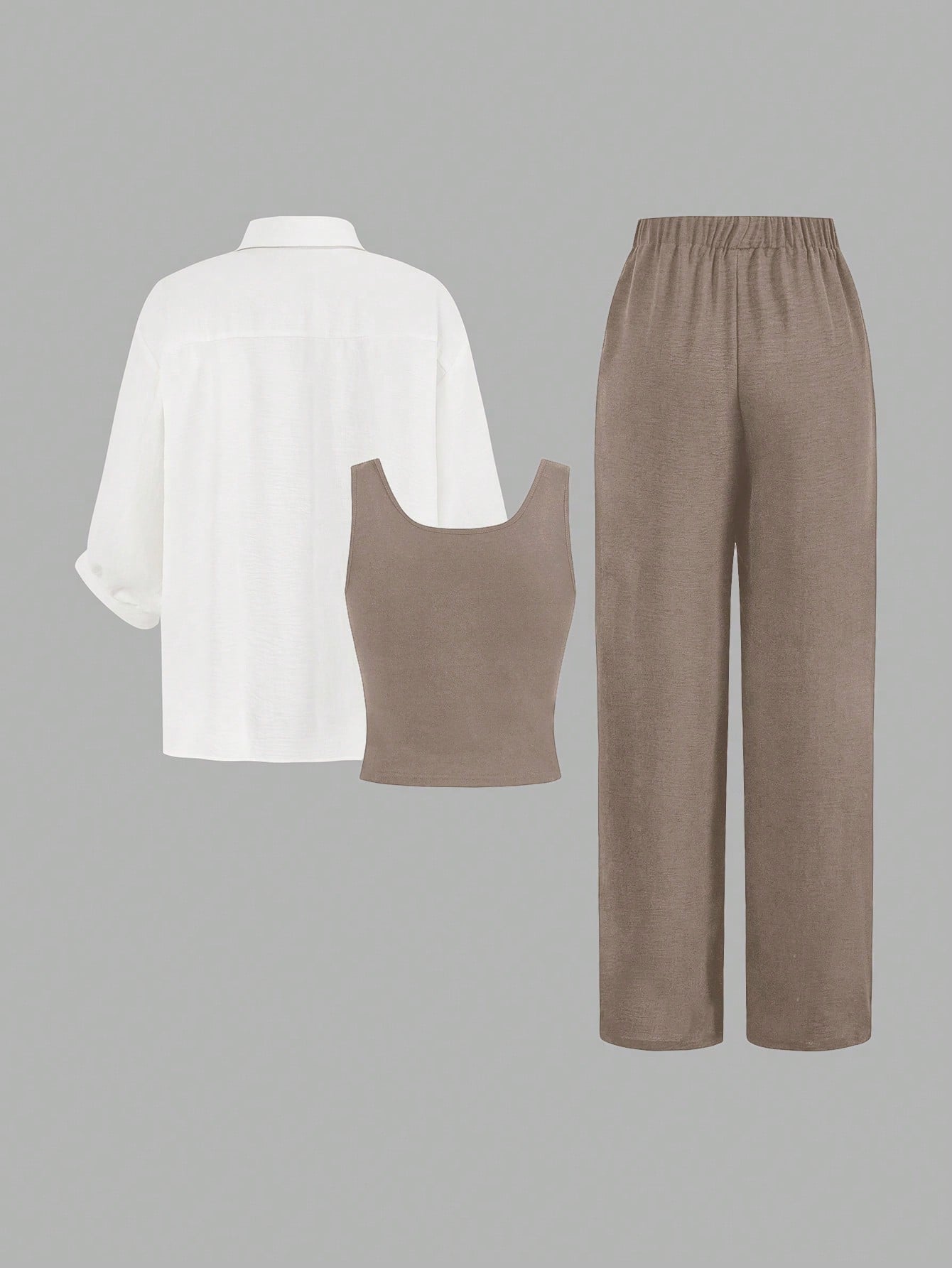 Luneh Square Neck Fitted Crop Top With Elastic Waist Bowknot Belt And Wide-Leg Pants + Vintage Leopard Print Button-Up Shirt shein