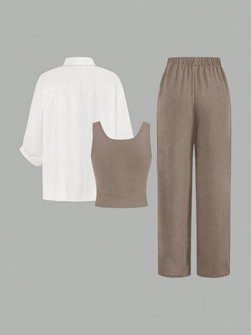 Luneh Square Neck Fitted Crop Top With Elastic Waist Bowknot Belt And Wide-Leg Pants + Vintage Leopard Print Button-Up Shirt