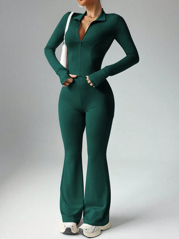 Women's Solid Color Long Sleeve Top And Long Pants Slim Fit Sports Suit