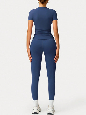 2pcs Women Soft Moisture Wicking Crew Neck Short Sleeve Top And Elastic Yoga Sports Pants