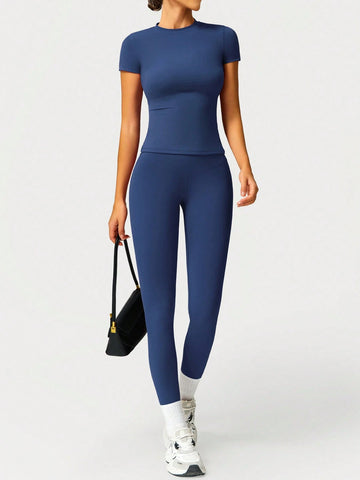 2pcs Women Soft Moisture Wicking Crew Neck Short Sleeve Top And Elastic Yoga Sports Pants