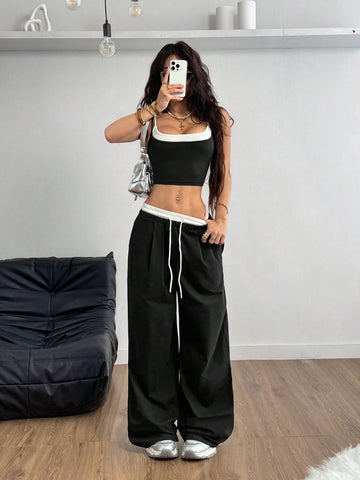 Coolane Women's Summer Casual Sport Knit Two Fake Pieces Tank Tops & Sweatpants