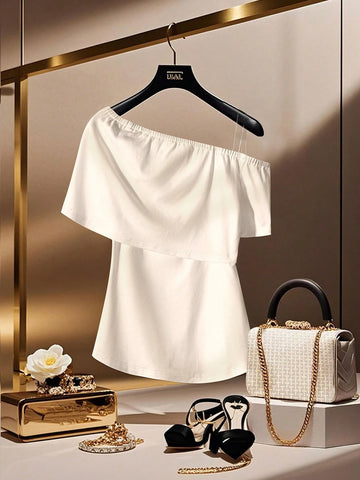 French Style Solid White Oblique Shoulder Ribbon Waist T-Shirt