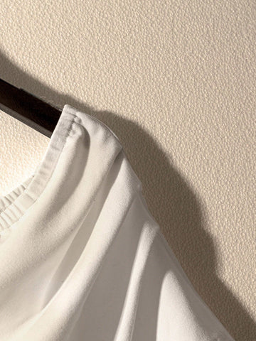 French Style Solid White Oblique Shoulder Ribbon Waist T-Shirt