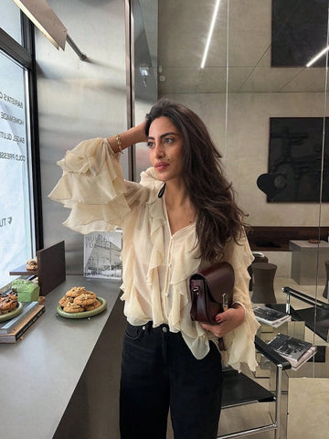 INDEFEIR Summer New Arrival Layered Ruffles Embellished Blouse