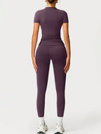2pcs Women Soft Moisture Wicking Crew Neck Short Sleeve Top And Elastic Yoga Sports Pants shein