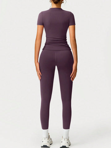 2pcs Women Soft Moisture Wicking Crew Neck Short Sleeve Top And Elastic Yoga Sports Pants