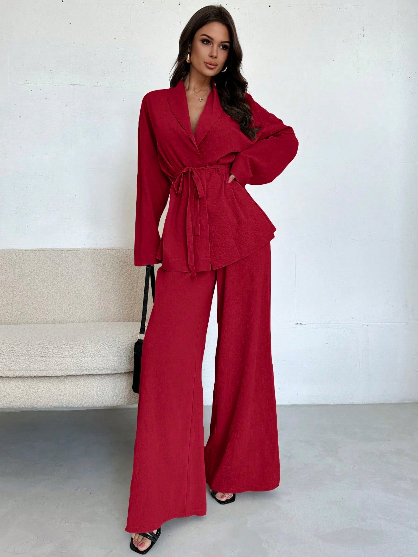 Women Collar Tie Waist Loose Shacket With High Waist Soft Pants shein