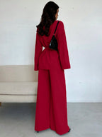 Women Collar Tie Waist Loose Shacket With High Waist Soft Pants shein