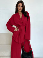 Women Collar Tie Waist Loose Shacket With High Waist Soft Pants shein